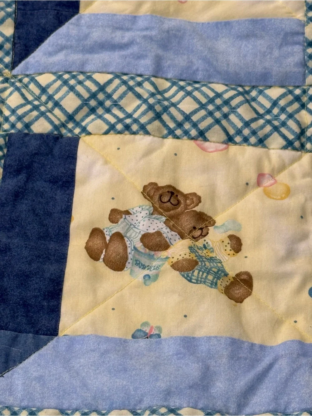 Blue & Yellow Teddy Bear 40” X 40” Quilted Baby Blanket